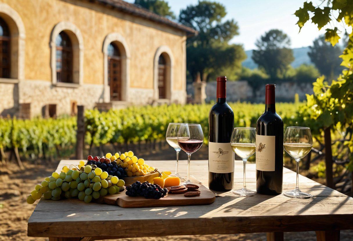 A beautifully arranged wine table set in a rustic vineyard with various wine bottles and elegant glasses, alongside traditional foods from different cultures representing wine pairings. Soft sunlight filters through the grapevines, casting golden shadows on the table. In the background, a historical building or ancient architecture symbolizes the rich history of wine. The scene should evoke warmth, culture, and sophistication. super-realistic. vibrant colors. natural lighting.