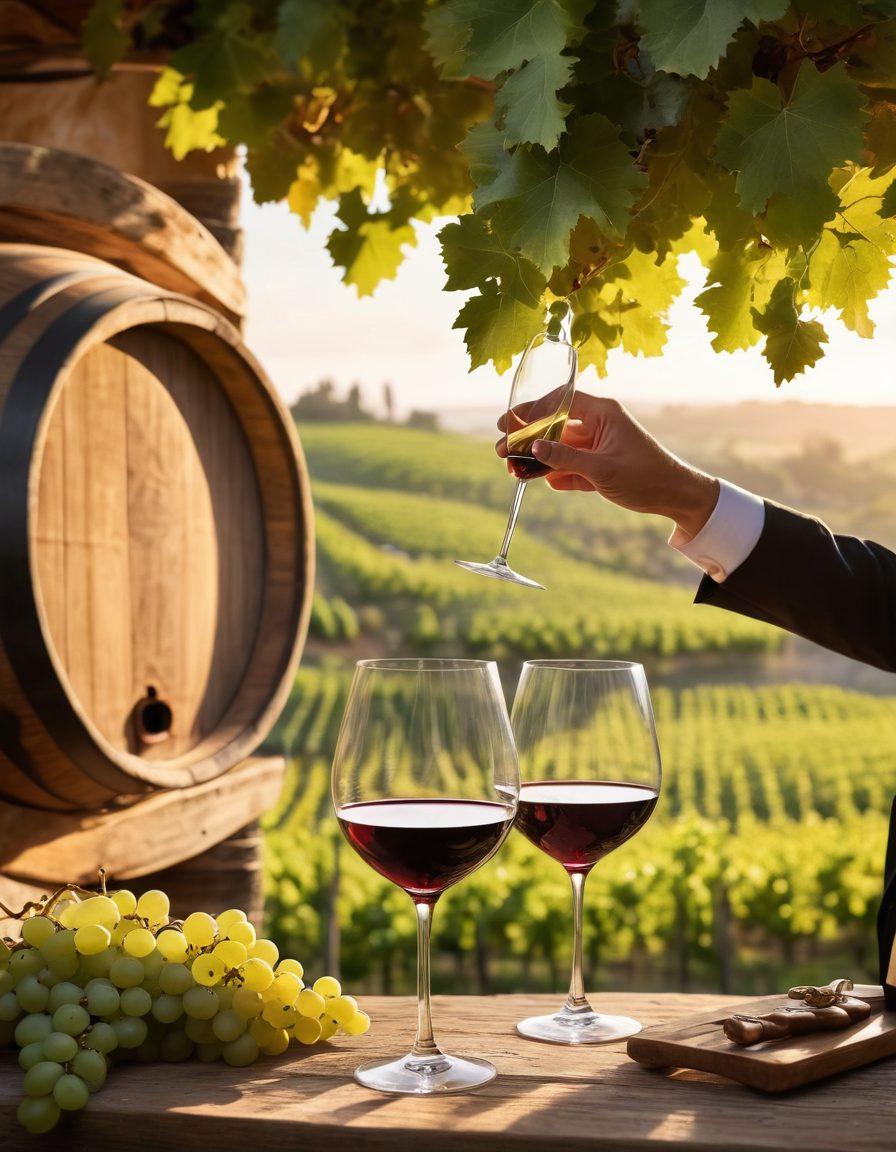 A picturesque vineyard under a golden sunset, with lush green grapevines heavy with ripe grapes, intertwined with wine barrels. In the foreground, a sommelier elegantly pouring wine into a crystal glass, with a dreamy blurred background of a tasting room filled with rustic charm. Delicate wine aromas swirling around, evoking a sensory experience. This composition beautifully captures the elegance and artistry of winemaking. vibrant colors. super-realistic.