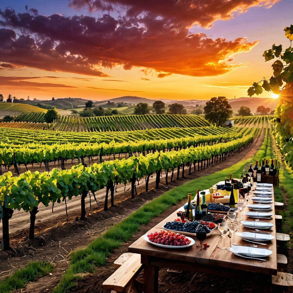 A beautiful vineyard landscape with rows of grapevines under a sunset sky, showcasing various wine bottles on the ground, paired with gourmet cheese and fruit platters. In the background, people are engaged in a wine tasting experience, reflecting a cultural celebration. The mood should be warm and inviting, highlighting the diverse world of wine. vibrant colors. super-realistic.